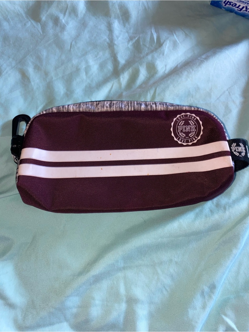 PINK Victoria's Secret Maroon Cosmetic Pouch with White Stripes
